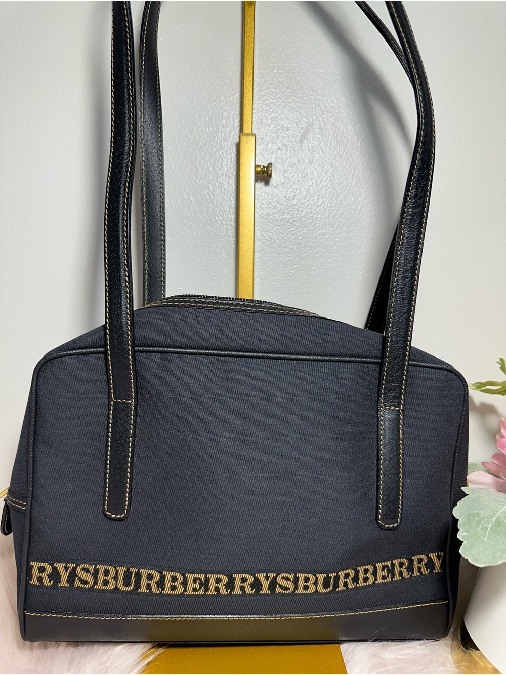 Burberry Black Canvas Shoulder Bag with Gold Logo Band